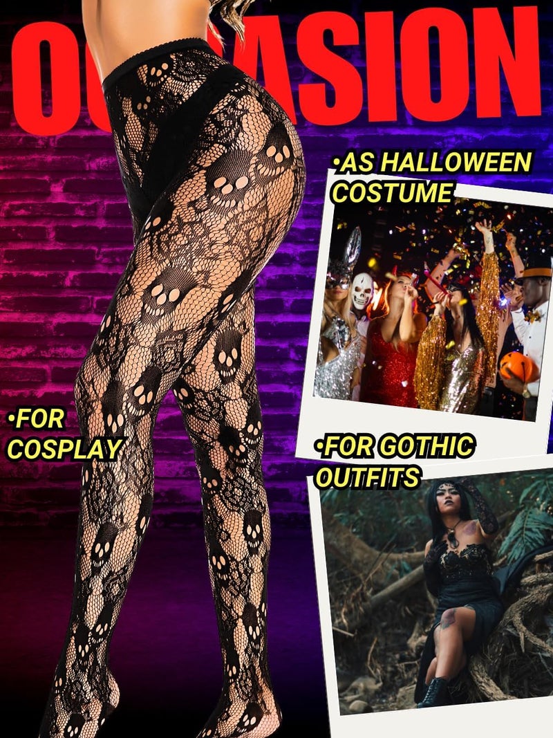 ShawGobow Goth Tights For Women,Sheer Mesh Skull Fishnets Leggings,Patterned Sexy Stockings Halloween Costume Black - Image 3